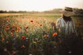 Stylish woman in rustic  dress and hat walking in summer meadow among poppy and wildflowers in sunset light. Atmospheric authentic Royalty Free Stock Photo