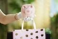 Stylish woman shopper with piggy bank, rubber gloves and bags