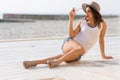 Stylish woman at the summer beach in a hot day Royalty Free Stock Photo