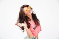 Stylish woman in sunglasses holding candy Royalty Free Stock Photo