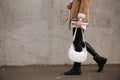 Stylish woman with trendy white baguette bag on city street, closeup Royalty Free Stock Photo