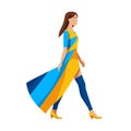 Stylish woman walking in a blue and yellow dress. Confident female fashion model stride. Elegance and style concept