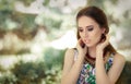 Stylish Woman Wearing Floral Dress and Big Necklace Royalty Free Stock Photo