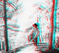 Anaglyph effect of woman in the forest.