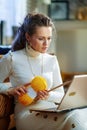 Stylish woman with yarn learn how to knit Royalty Free Stock Photo