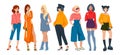 Stylish women. Cartoon fashion characters wearing elegant casual clothes, young hipster girls with formal outfits