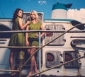 Stylish women on old boat Royalty Free Stock Photo