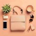 Stylish women's bag and different stuff on pale orange background, top view