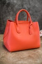 Stylish women`s handbag on a stone background. Orange, light coral. Clothing and accessories.Elegant outfit