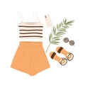 Stylish women`s outfit. Striped crop top, shorts, sandals and accessories. Fashion summer look aesthetic