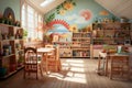 Stylish wooden interior of bright modern playroom in kindergarten on sunny day