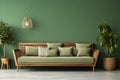 Stylish wooden sofa with green and grey cushions against green wall Royalty Free Stock Photo