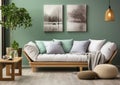 Stylish wooden sofa with green and grey cushions against green wall. Beige pouf and side table on hardwood floor. Scandinavian Royalty Free Stock Photo