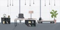 Stylish workplace with laptop modern office cabinet interior empty no people room with furniture flat horizontal Royalty Free Stock Photo