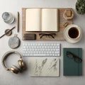 Stylish Workspace Setup, Sophisticated Workspace Featuring Decorative Items And Productivity Tools Royalty Free Stock Photo