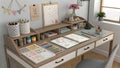 Interior worktable with drawing and decoration materials Royalty Free Stock Photo