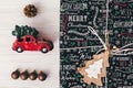 Stylish wrapped gift boxes top view, with ornaments and car toy Royalty Free Stock Photo