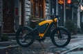 Stylish yellow and black bicycle parked gracefully on a charming brick street, AI-generated.