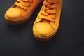 Stylish yellow sneakers on dark background