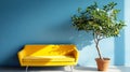 Stylish Yellow Sofa & Potted Tree Against Blue Wall Interior Decor Royalty Free Stock Photo