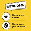 Stylish yellow square poster with the text We are open. Please keep your distance, please wear a mask.