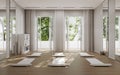 Stylish yoga class interior with sport equipment and panoramic window, 3d rendering