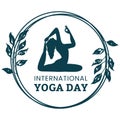 Stylish yoga day vector illustration with green text effect in round shape, dark blue, woman doing yoga, lady, woman, yoga