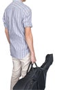 Stylish young asian hipster man wear scott strip shirt, hold gui Royalty Free Stock Photo