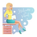 Stylish young beautiful teacher in elegant office clothes. Cute cartoon girl with documents in hand. Vector illustration