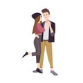 Stylish young couple. Cartoon man and woman dressed in hipster clothing holding each other s hands and hugging. Concept Royalty Free Stock Photo