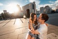 Stylish young couple teenagers in love in the city, summer sunny day Royalty Free Stock Photo