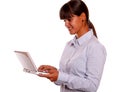 Stylish young female working with laptop computer Royalty Free Stock Photo