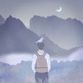 Stylish young man backpack outdoor hiking travel, the moon shines far away from the mountains