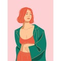 Stylish young redhair woman dressed in trendy clothes