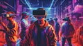 Stylish young wearing virtual reality goggles while standing against futuristic cityscape generative Ai