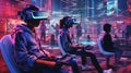 Stylish young wearing virtual reality goggles while standing against futuristic cityscape generative Ai