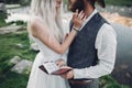 Stylish young wedding couple posing in beautiful Matterhorn moun Royalty Free Stock Photo