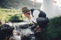 Stylish young wedding couple posing in beautiful Matterhorn moun Royalty Free Stock Photo