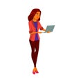 stylish young woman checking message on portable laptop cartoon vector