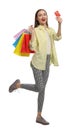 Stylish young woman with shopping bags and credit card white background Royalty Free Stock Photo