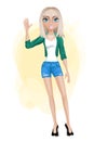 Stylish young woman in shorts and a green jacket. A blonde with blue eyes waves his hand in greeting.