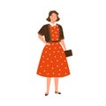 Stylish young woman wearing red dotted dress in 50s style. Beautiful female character in retro fashionable garment. Flat
