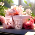 Stylished wrapped pink box decorated with lace, set on a sun-drenched garden and floral background Royalty Free Stock Photo