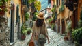 Stylishly attired woman strolling through a quaint Italian village, capturing the essence of shopping