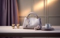 Stylishly Chic: A Gray Handbag Takes Center Stage on a Table