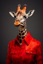 Giraffe wearing a red jacket