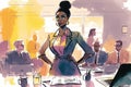 In a stylishly modern office a professional black woman stands before her team her face serious and focused as she maps