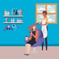 Stylist fixing hair to client in the salon characters