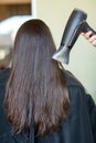 Stylist hand with fan dries woman hair at salon