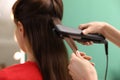 Stylist straightening woman`s hair with flat iron in salon